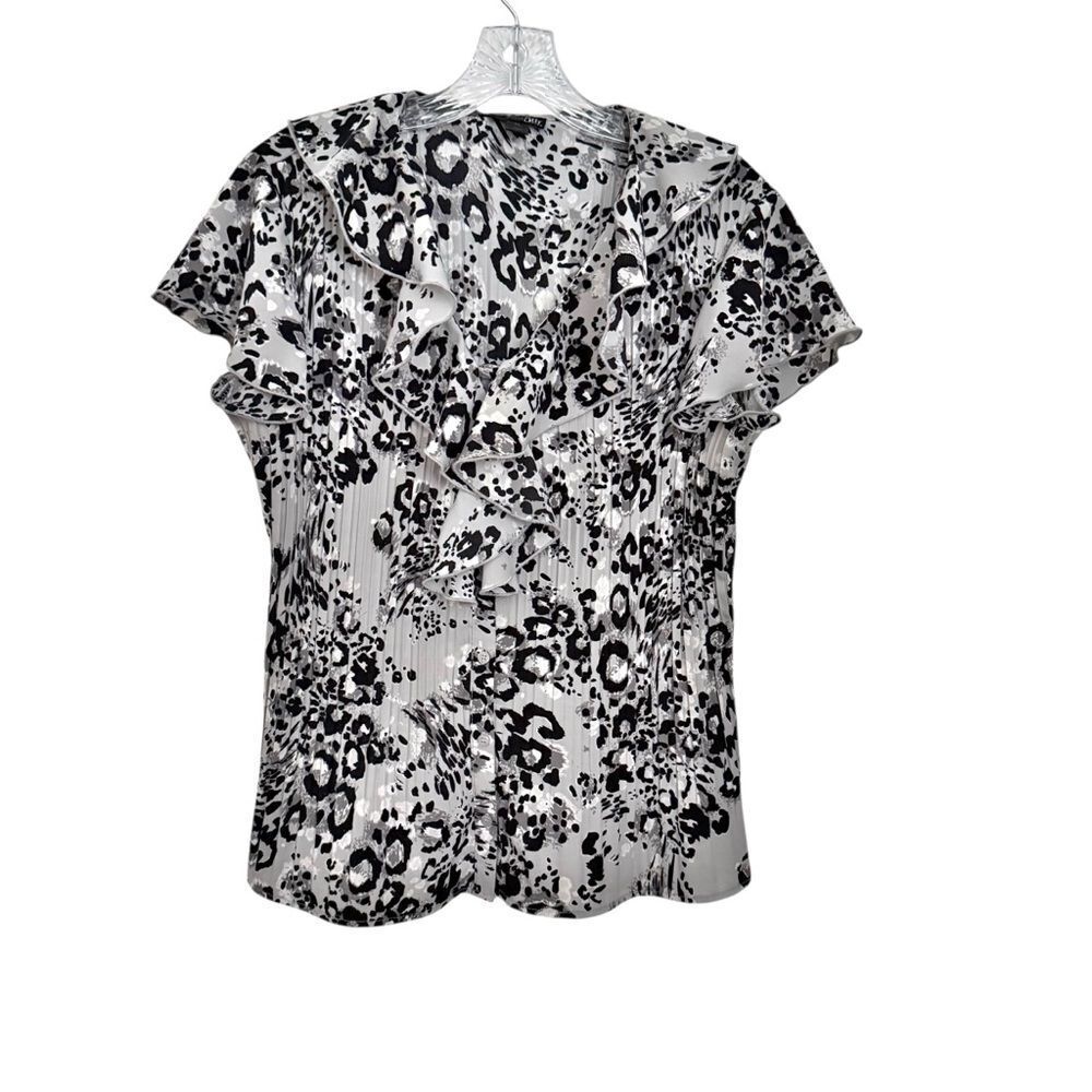 East 5th Black & Gray Animal Print Short Sleeve Ruffle Blouse - Picture 2 of 9